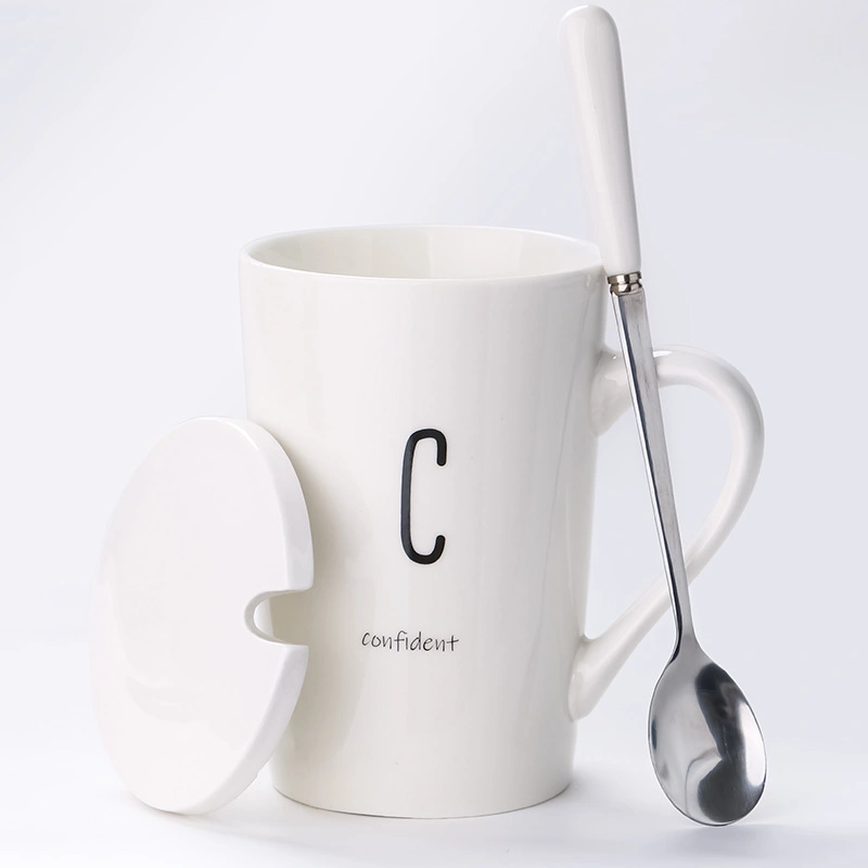 Hot Selling Alphabet Ceramic Mug Set with Lid Spoon Drinking Cup Couples Household Tea Cup