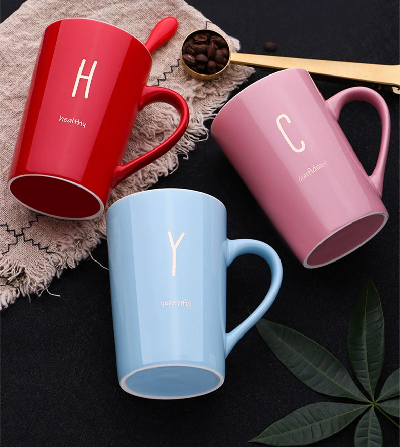 Hot Selling Alphabet Ceramic Mug Set with Lid Spoon Drinking Cup Couples Household Tea Cup