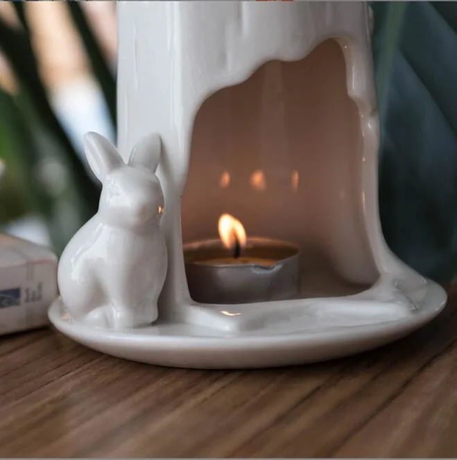 White Ceramic Candle Holder Embossed Rabbit Tea Light Holder Ornament