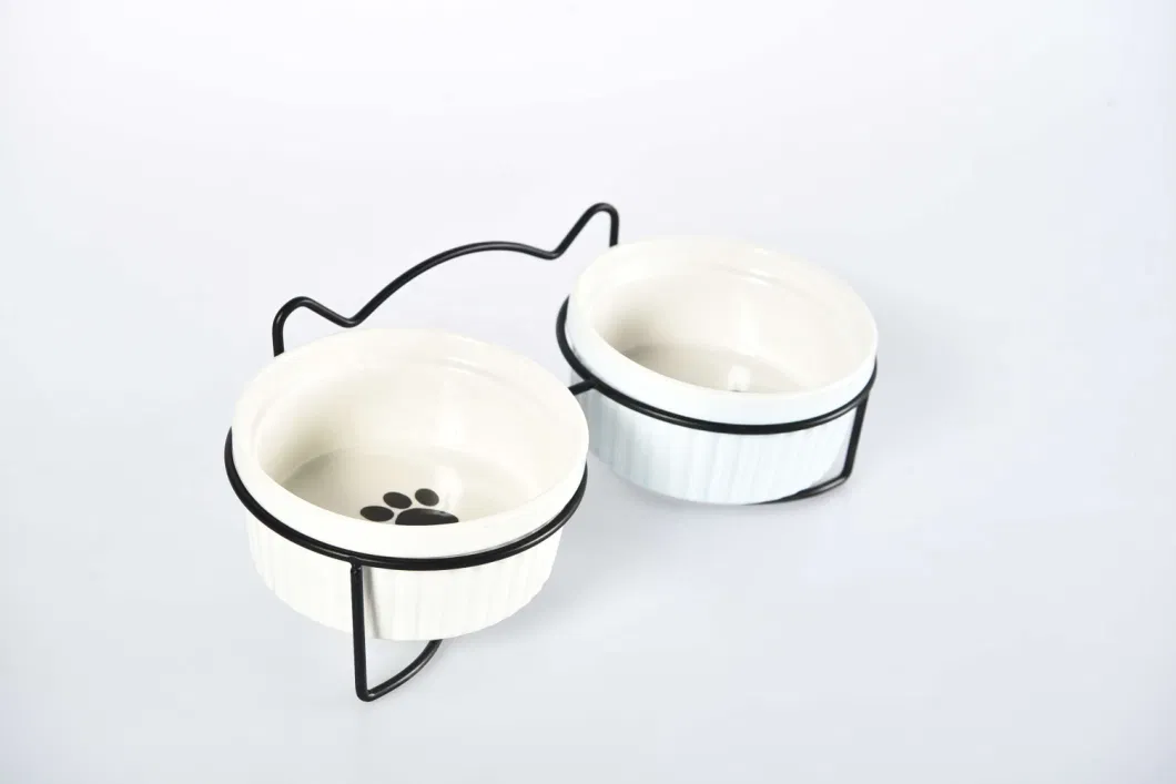 Cute Double Pet Water Food Bowl Iron Elevated Ceramic Pet Cat Dog Feeding Bowl